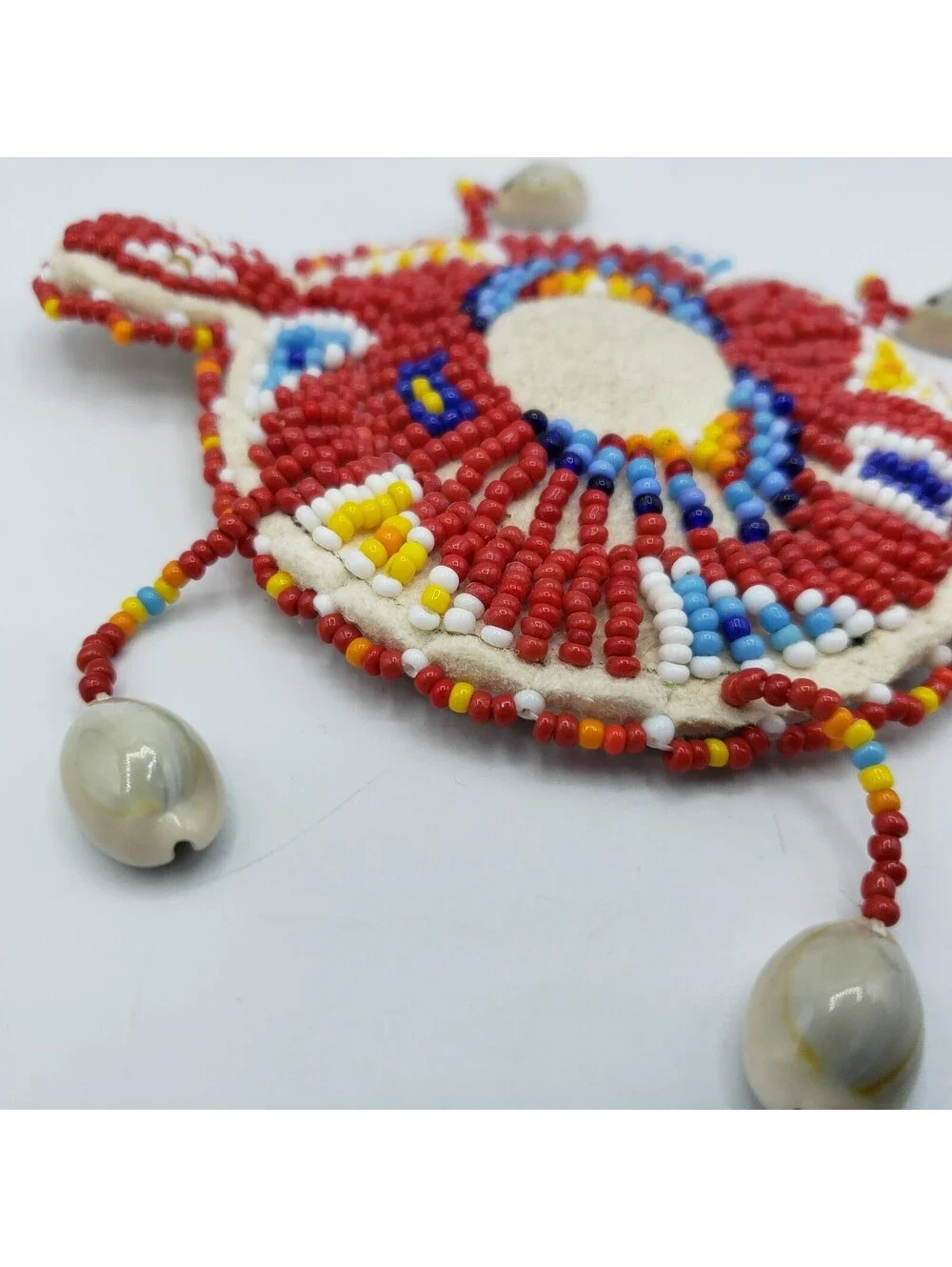 Native American Seed Bead Turtle Fetish Cowrie Shells Leather Red White Blue